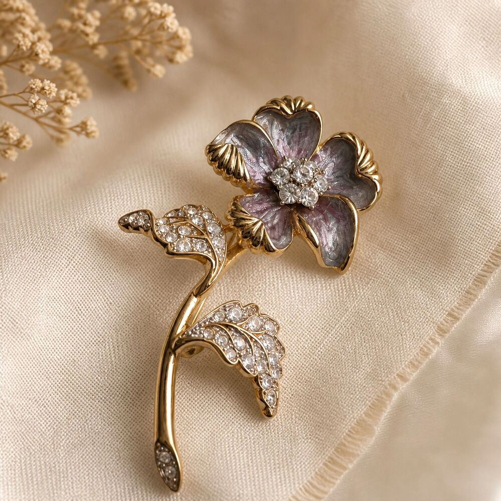 Nolan Miller Floral Brooch Crystal Enamel Gold Tone Romantic Vintage Pin